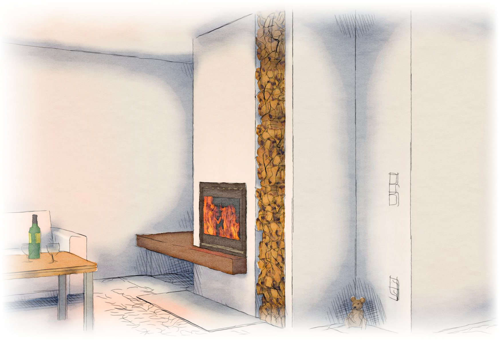 Ofen Eck Ansicht mit Holzregal rechts